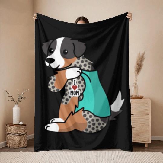 I Love Mom Tattoo Australian Shepherd Throw Blankets