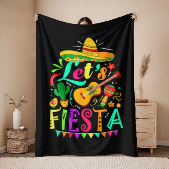 Cinco De Mayo Mexican Guitar Cactus Throw Blankets