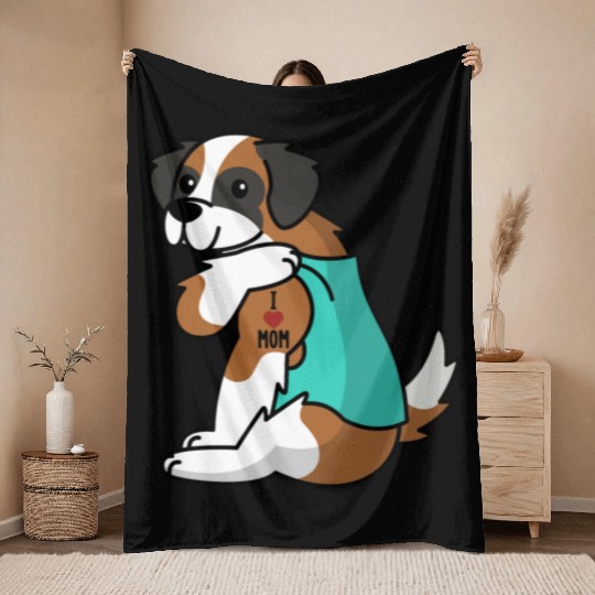 I Love Mom Tattoo Saint Bernard Throw Blankets