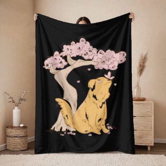 Dog With Sakura Tree Throw Blankets