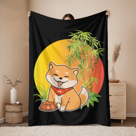 Shiba Inu Japanese Dog Breed Bamboo Plant Hunting Throw Blankets
