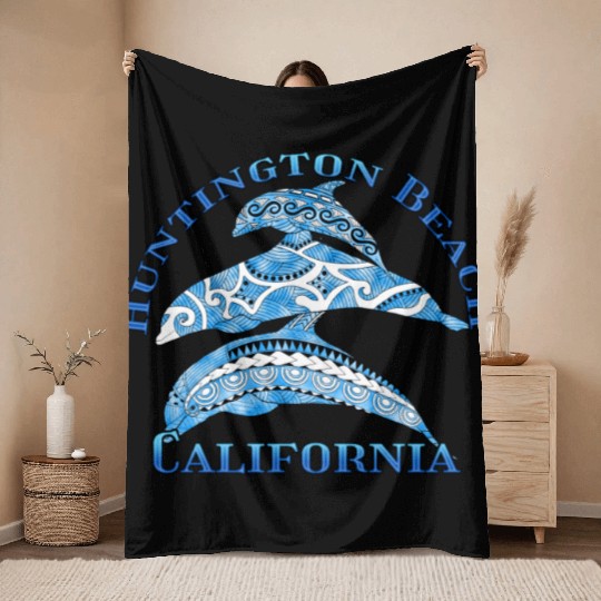 Huntington Beach California Vacation Tribal Dolphi Throw Blankets