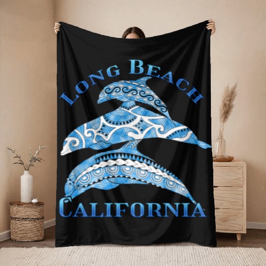 Long Beach California Vacation Tribal Dolphins Throw Blankets