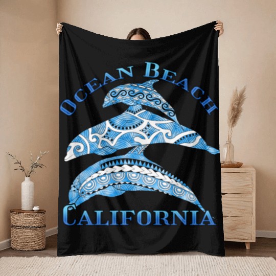 Ocean Beach California Vacation Tribal Dolphins Throw Blankets