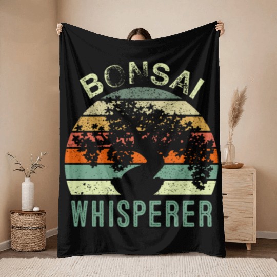 Bonsai Whisperer Retro Sunset Funny Japanese Minia Throw Blankets