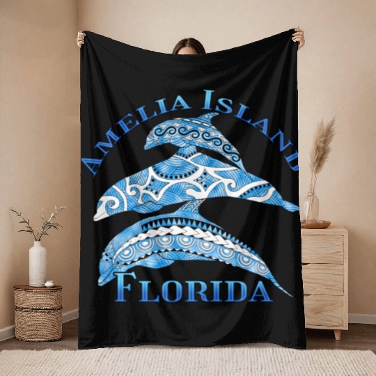 Amelia Island Florida Vacation Tribal Dolphins Throw Blankets