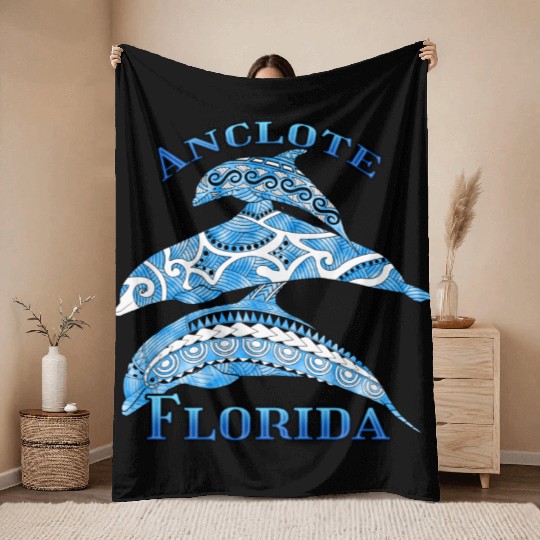 Anclote Florida Vacation Tribal Dolphins Throw Blankets