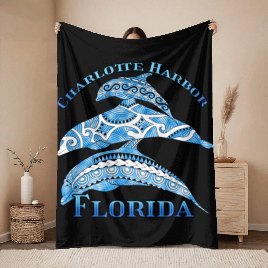 Charlotte Harbor Florida Vacation Tribal Dolphins Throw Blankets