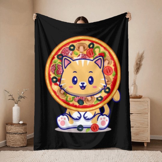 Cat Eating a Pizza Throw Blankets