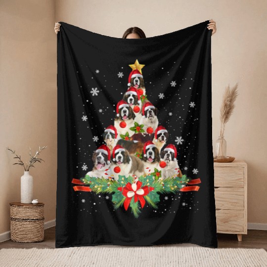 Saint Bernard Christmas Tree Throw Blankets Dog Owner Gift