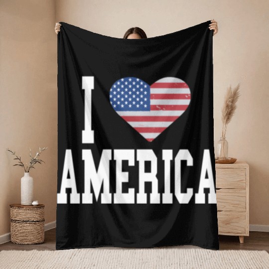 US Flag Proud American I Heart America, I Love Throw Blankets
