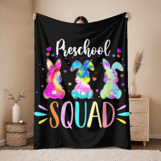 Cute Bunnies Preschool Teacher Squad Easter Day Throw Blankets