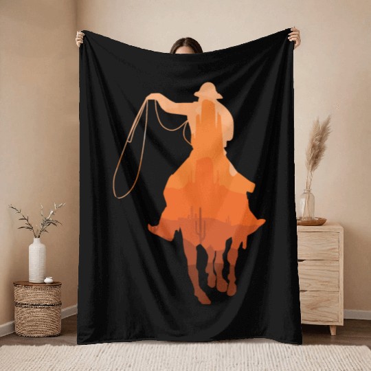 Cowboy Sunset Vintage Western Landscape Horseback Throw Blankets