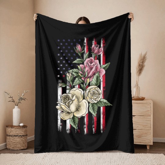 Flower US Flag Patriotic Day 4th Of July Throw Blankets