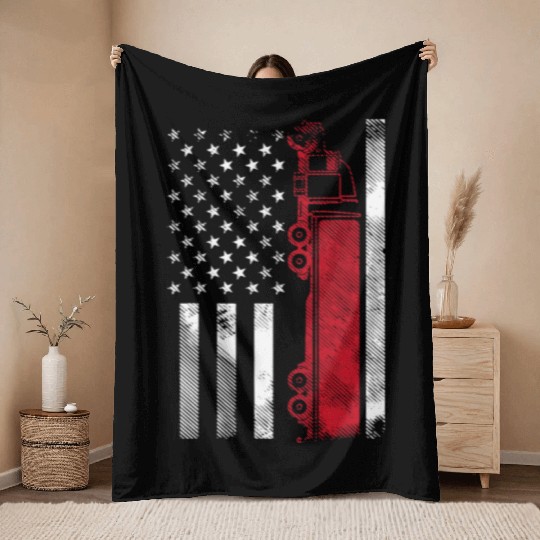 US American Flag Semi Truck Driver 18 Wheeler Throw Blankets