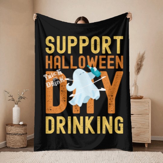 Support Halloween Day Drinking | Drunk Ghost Throw Blankets