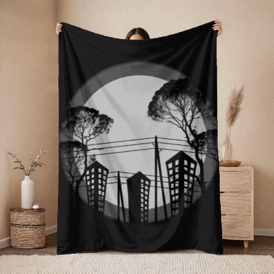 Black Tree Building Throw Blankets