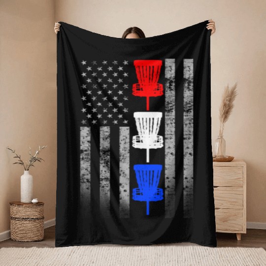 Red White and Blue Disc Golf Flag Throw Blankets