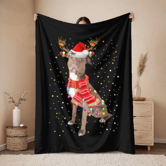 Pitbull Reindeer Christmas Light Throw Blankets