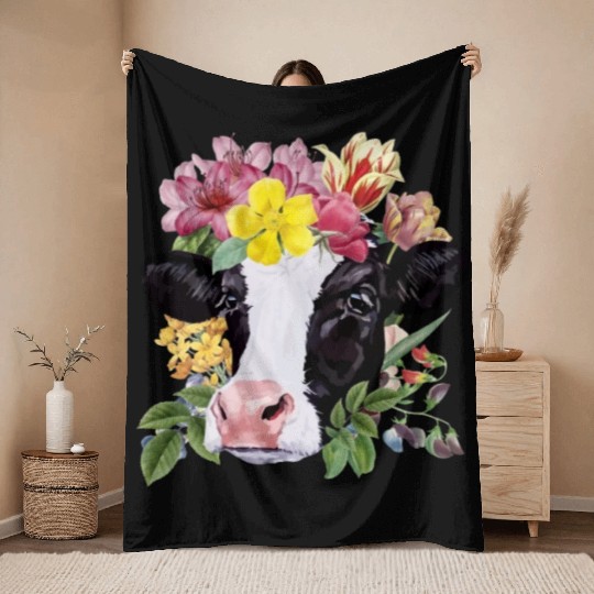 Cow Floral Cow Spring Nature Lovers Throw Blankets
