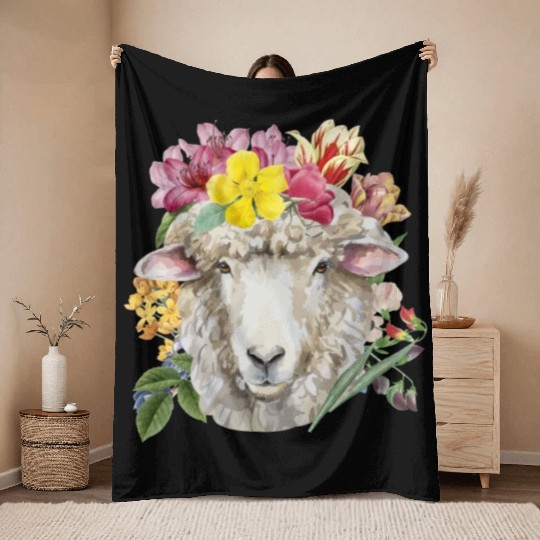 Floral Sheep Spring Nature Farm Sheep Lovers Throw Blankets