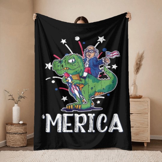 America Washington Dinosaur USA Flag 4th Of July Throw Blankets