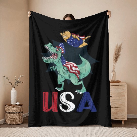 America Cat Dinosaur USA 4th Of July Throw Blankets