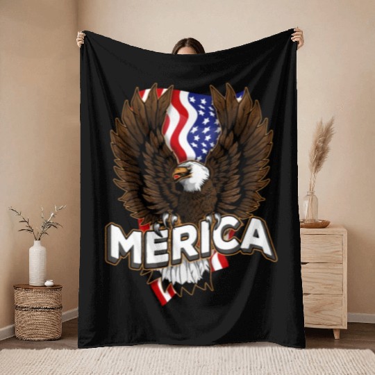 Merica 4th of July Bald Eagle USA American Fla Throw Blankets
