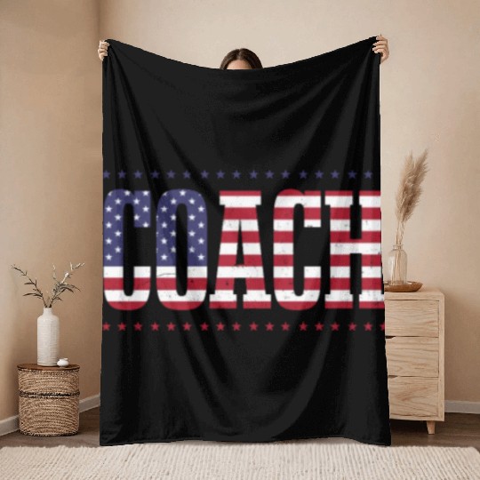 American Flag Coach 4th of July Bold Font Throw Blankets