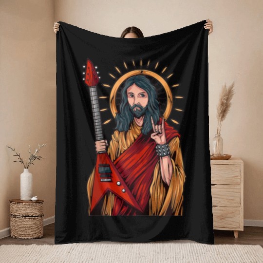 Jesus Playing Heavy Metal Guitar Throw Blankets