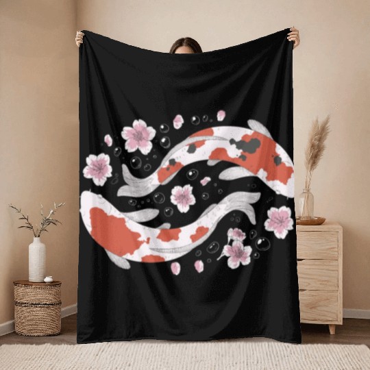 Japanese Koi Fish and Cherry Blossom Throw Blankets