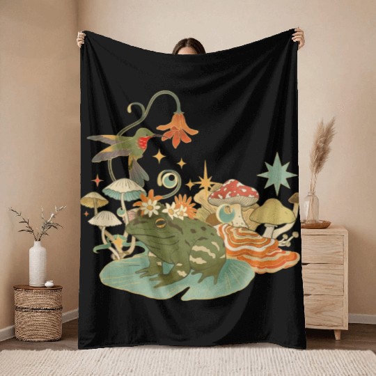 Cottagecore with frog, mushrooms and hummingbird Throw Blankets