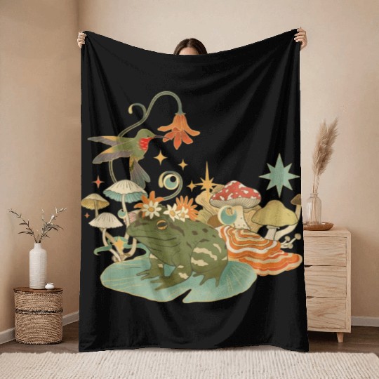 Cottagecore with frog, mushrooms and hummingbird Throw Blankets