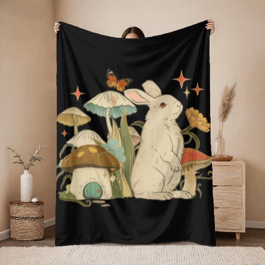 Cottagecore with bunny, mushrooms and butterfly Throw Blankets