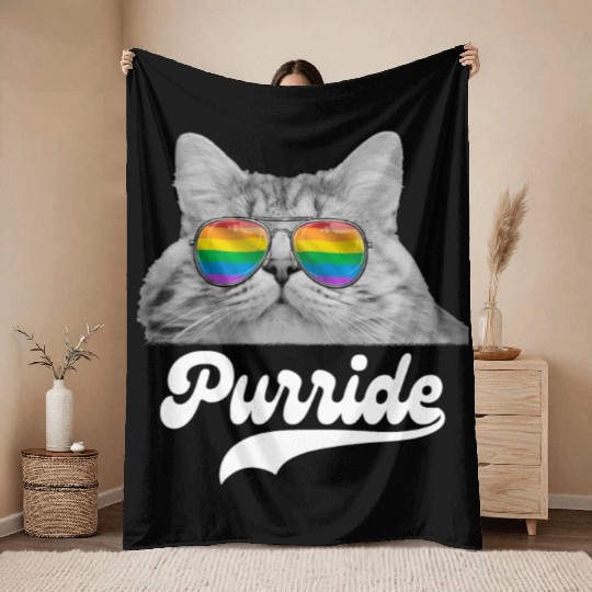 Funny Cat LGBT Sunglasses Rainbow Flag Gay Pride Throw Blankets