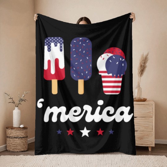 Ice Cream Patriotic Popsicles US Flag Merica Throw Blankets