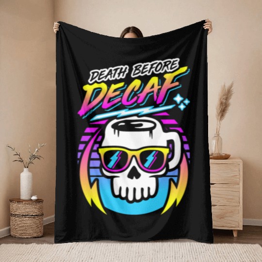 Death Before Decaf (Skull Mug) Retro Neon 80s 90s Throw Blankets