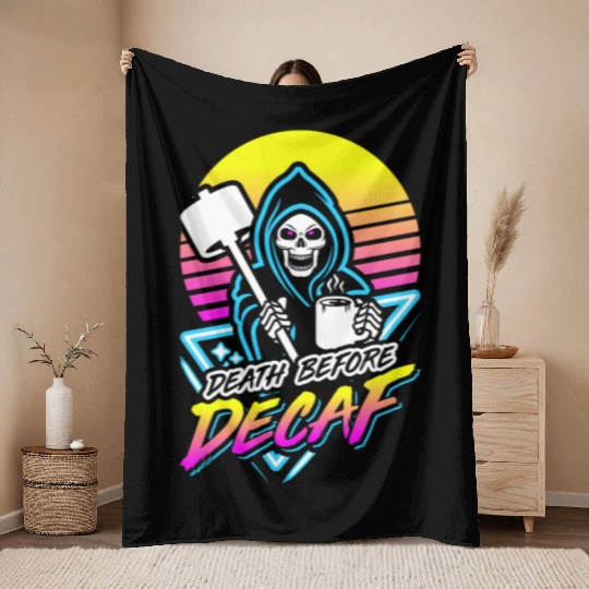 Death Before Decaf (Gym Reaper) Retro Neon Throw Blankets