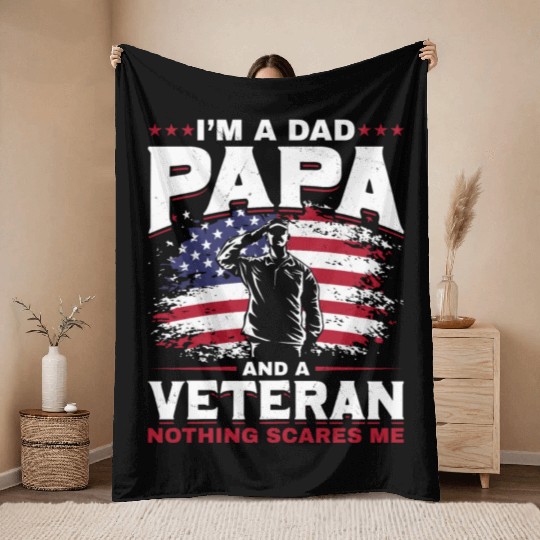 Dad Papa US Veteran Patriotic Father Soldier Throw Blankets