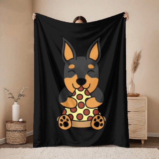 Miniature Pinscher Pizza Lover Throw Blankets
