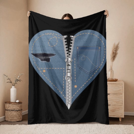 light blue heart in jeans look with zipper Throw Blankets
