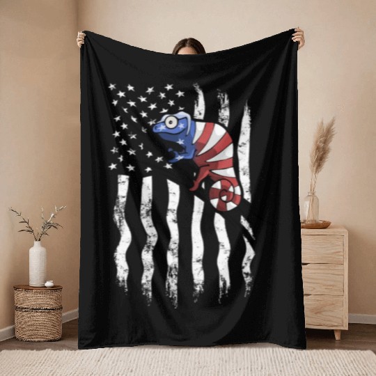 US Flag Patriotic American Chameleon in Stars Throw Blankets
