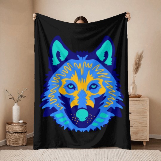 blue wolf face Throw Blankets