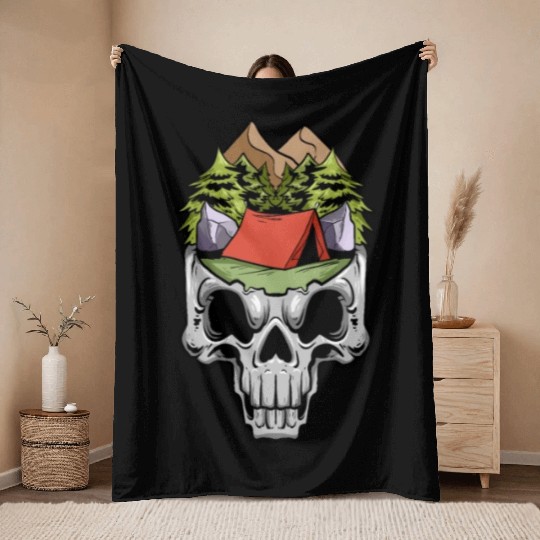 Camper Campsite Skull Skeleton Head Camp Camping Throw Blankets