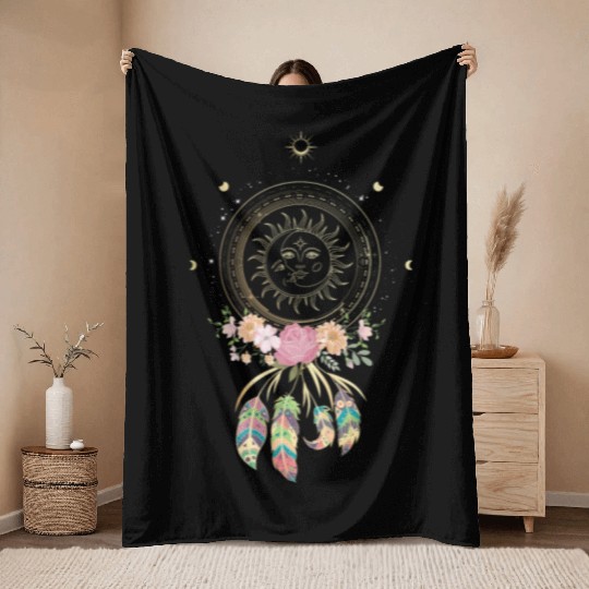 Beautiful Dreamcatcher Sun Moon Flowers Throw Blankets