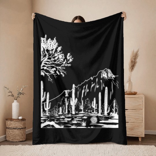 Vintage Western Cactus Desert Landscape Throw Blankets