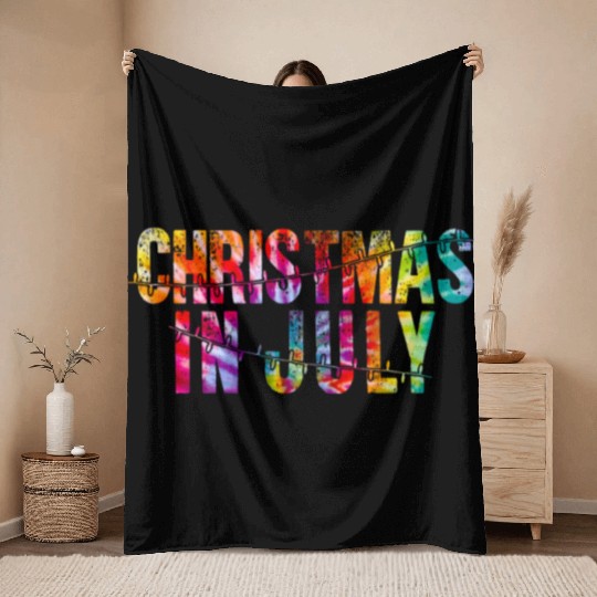 Christmas In July Xmas Tree Lights Santa Beach Throw Blankets