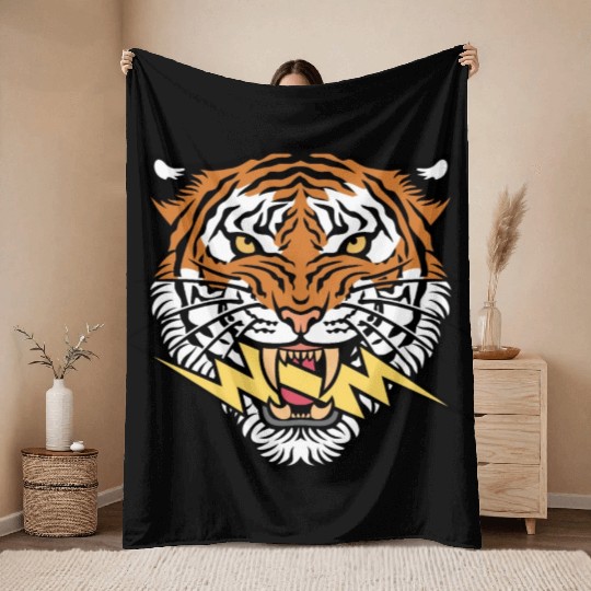 Tiger face and lightning bolt Throw Blankets