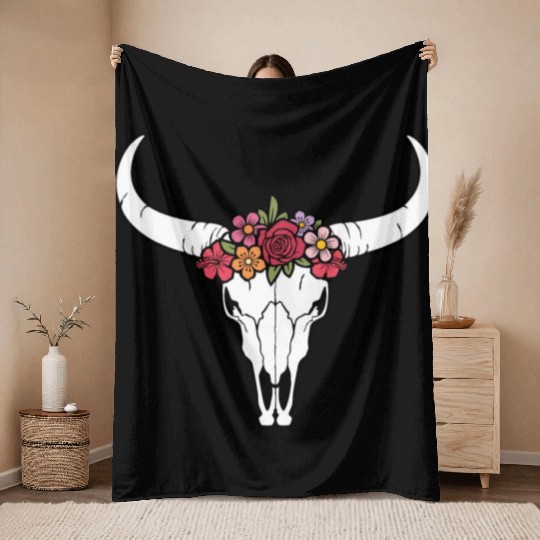 Floral bull skull Throw Blankets