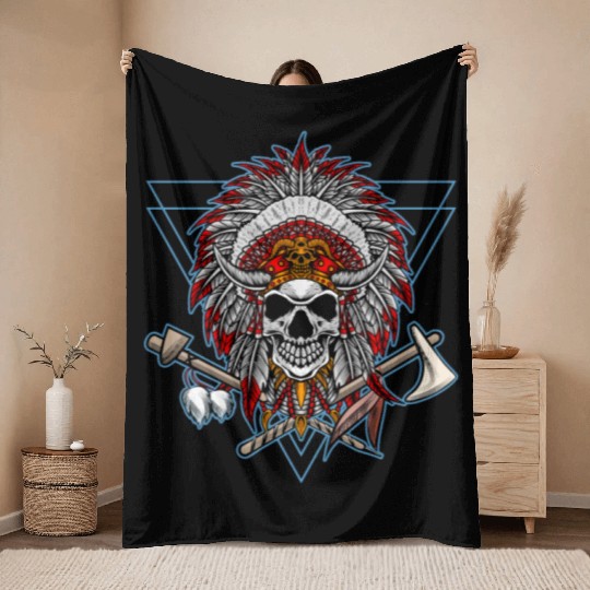 Native American Chief Skull Axe Throw Blankets